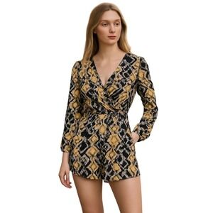 Material Girl Romper V-Neck‎ Long Sleeve Party Black Yellow Print Size S $99